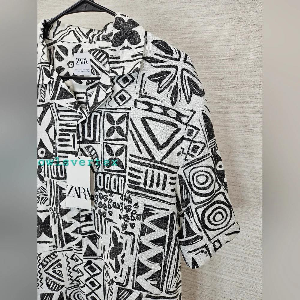 New Zara Men's Geometric Print Shirt Black White 0399/064 - Picture 3 of 9